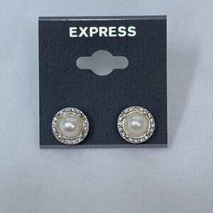 Express Brilliant Pearl Rhinestone Gold Tone Stud Earrings NWT